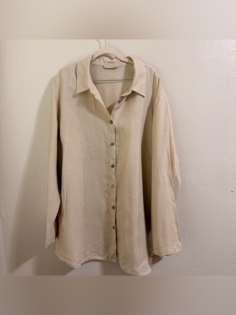 Soft Surroundings 100% Linen Button Down Tunic Shirt Cream Tan OS PTP 28”